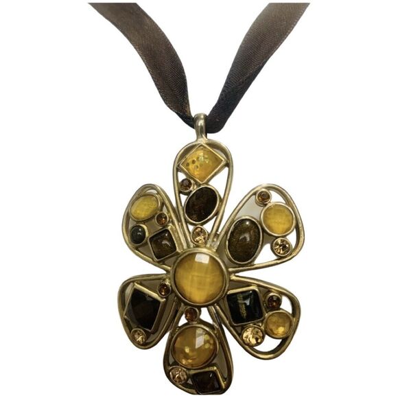Yellow Austrian Crystal Large Flower Pendant Satin Necklace 22” Cottagecore - Picture 3 of 9
